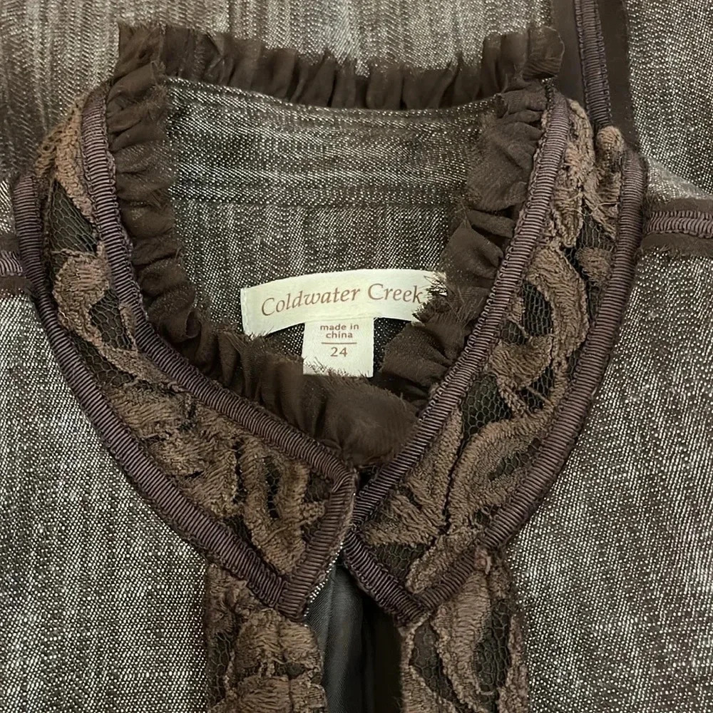 Coldwater Creek | Brown jacket/blazer with lace trim Women’s size 24 linen look - Picture 10 of 11